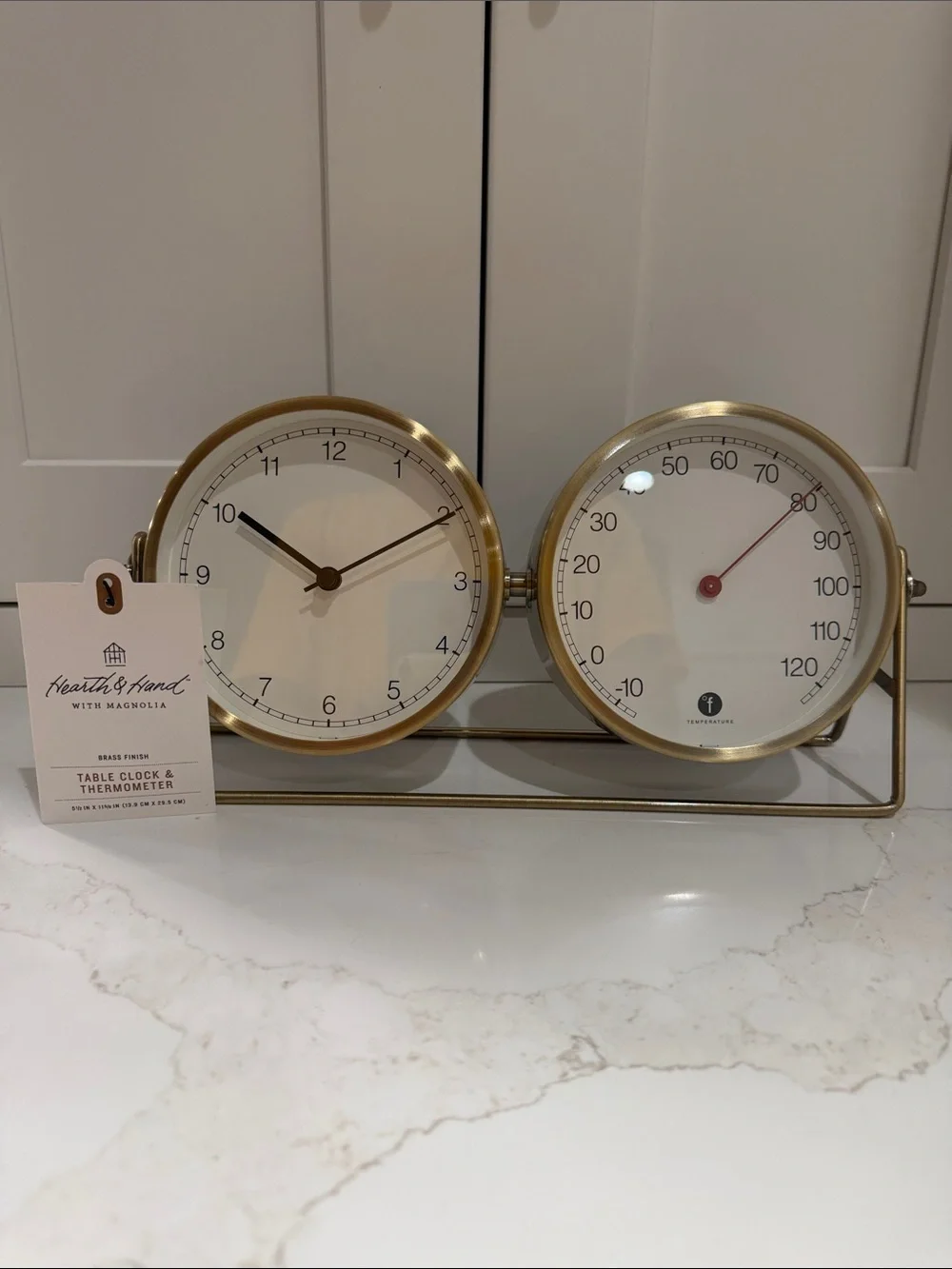 NWT, Hearth & Hand Brass-Tone Clock and Thermometer in White and Gold